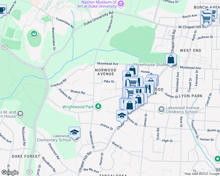 map of restaurants, bars, coffee shops, grocery stores, and more near 2216 Lafayette Street in Durham