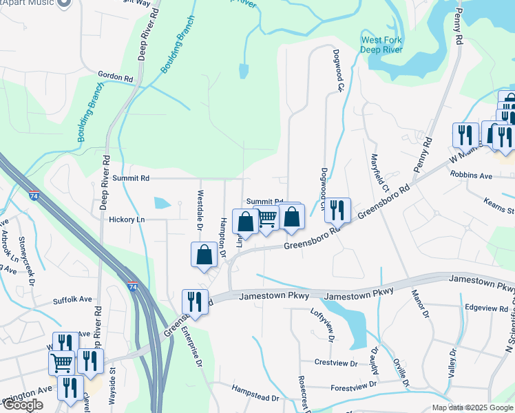 map of restaurants, bars, coffee shops, grocery stores, and more near 704 Summit Road in High Point