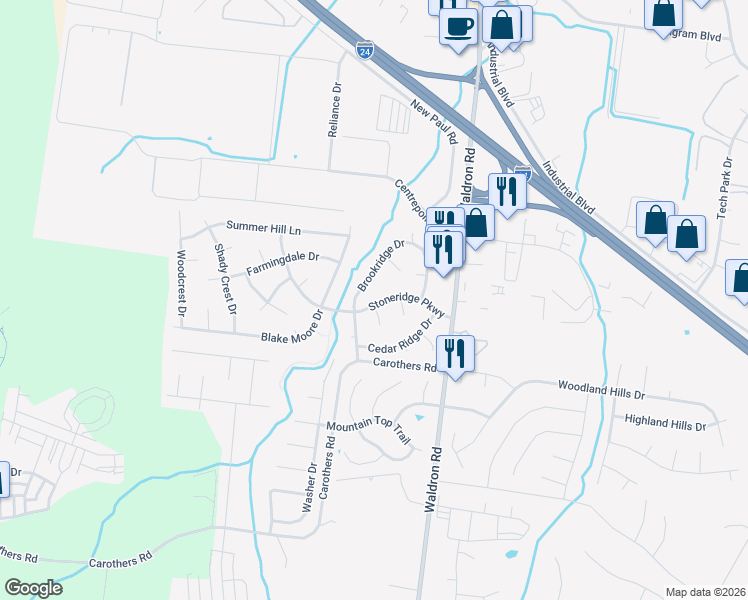 map of restaurants, bars, coffee shops, grocery stores, and more near 124 Stoneridge Parkway in La Vergne