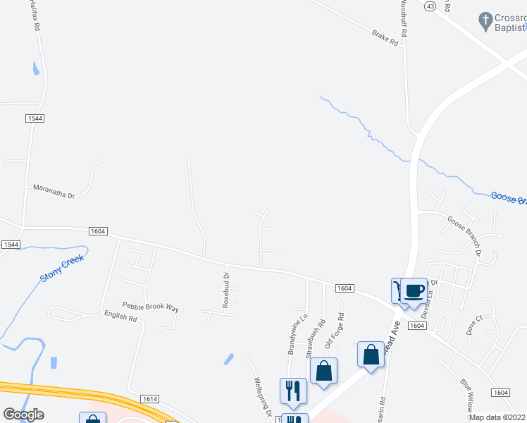 map of restaurants, bars, coffee shops, grocery stores, and more near 2602 Mallard Court in Rocky Mount