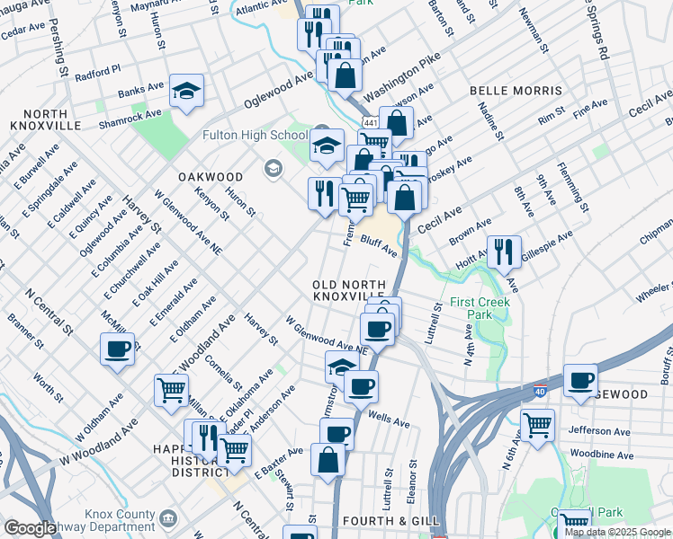map of restaurants, bars, coffee shops, grocery stores, and more near 1609 Fremont Place in Knoxville