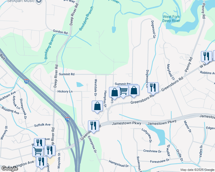 map of restaurants, bars, coffee shops, grocery stores, and more near 208 Hampton Drive in High Point