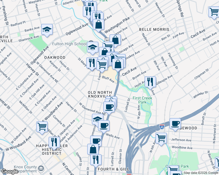 map of restaurants, bars, coffee shops, grocery stores, and more near 1412 Armstrong Avenue in Knoxville