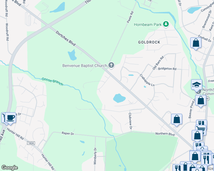 map of restaurants, bars, coffee shops, grocery stores, and more near 1701 Benvenue Forest Road in Rocky Mount