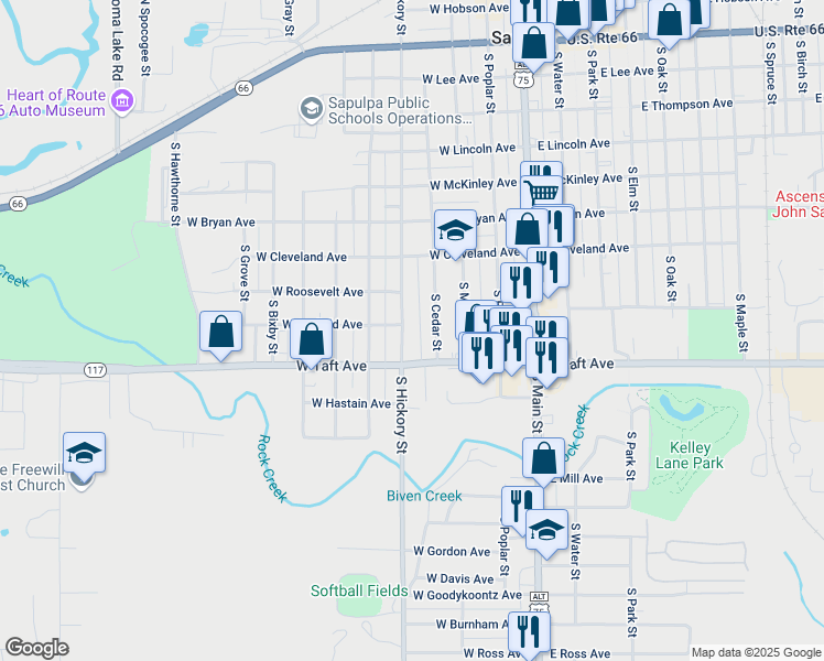 map of restaurants, bars, coffee shops, grocery stores, and more near 801 S Hickory St in Sapulpa