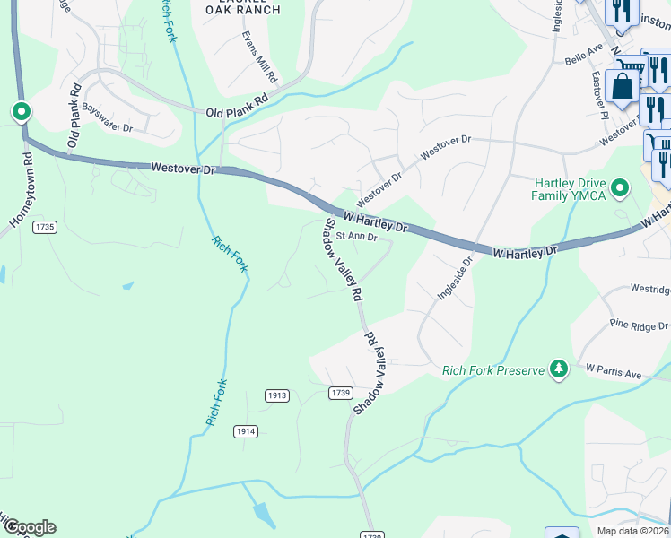 map of restaurants, bars, coffee shops, grocery stores, and more near 2457 Shadow Valley Road in High Point