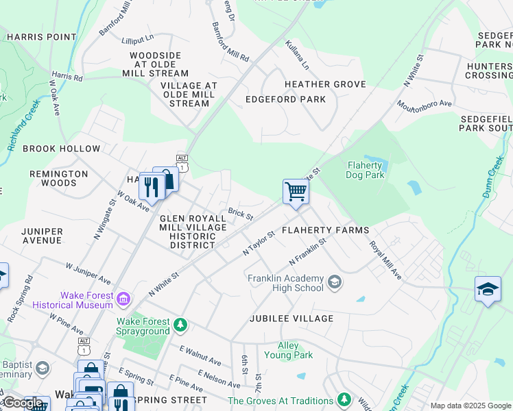 map of restaurants, bars, coffee shops, grocery stores, and more near 77 Hill Street in Wake Forest