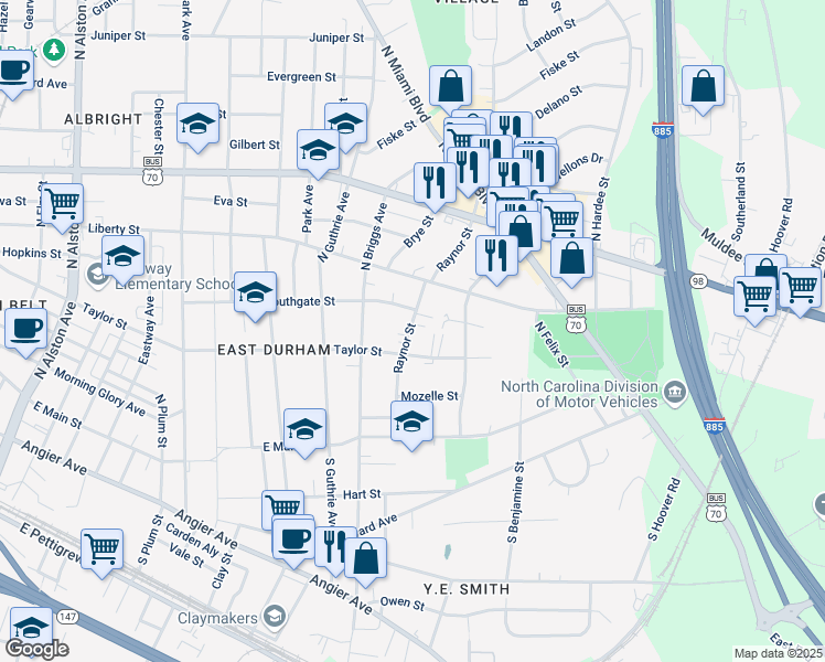 map of restaurants, bars, coffee shops, grocery stores, and more near 408 Raynor Street in Durham