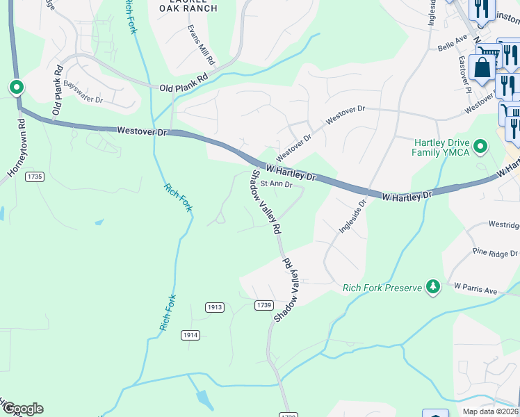 map of restaurants, bars, coffee shops, grocery stores, and more near 2457 Shadow Valley Road in High Point
