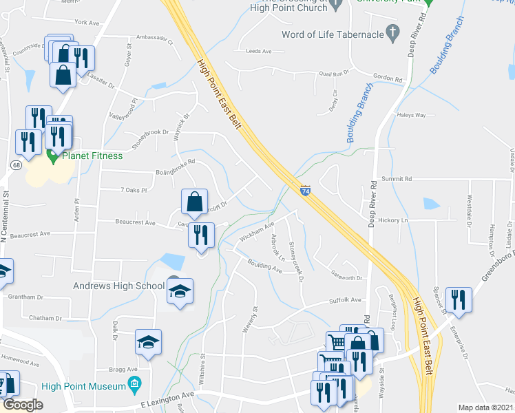 map of restaurants, bars, coffee shops, grocery stores, and more near 1806 Briarcliff Court in High Point