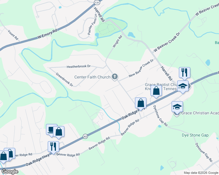 map of restaurants, bars, coffee shops, grocery stores, and more near 6729 Maple Creek Way in Knoxville