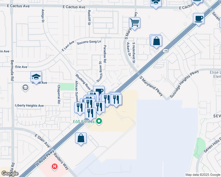 map of restaurants, bars, coffee shops, grocery stores, and more near 11088 Amigo Street in Henderson