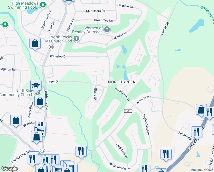 map of restaurants, bars, coffee shops, grocery stores, and more near 900 Mashie Lane in Rocky Mount