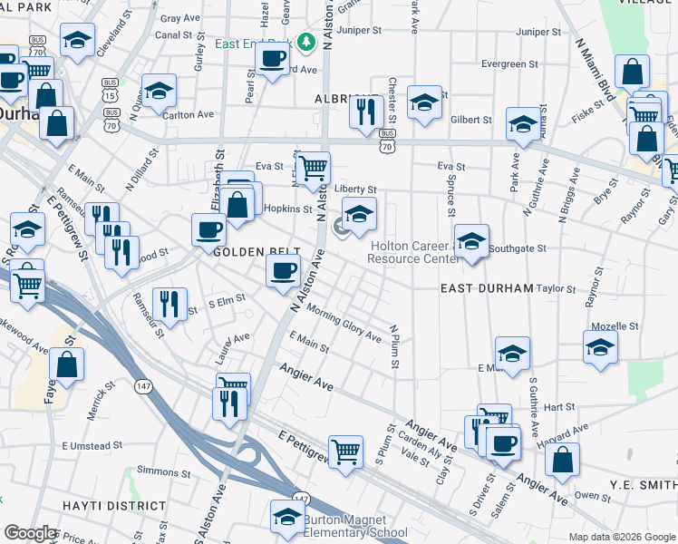 map of restaurants, bars, coffee shops, grocery stores, and more near 308 North Holman Street in Durham