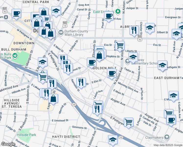 map of restaurants, bars, coffee shops, grocery stores, and more near in Durham