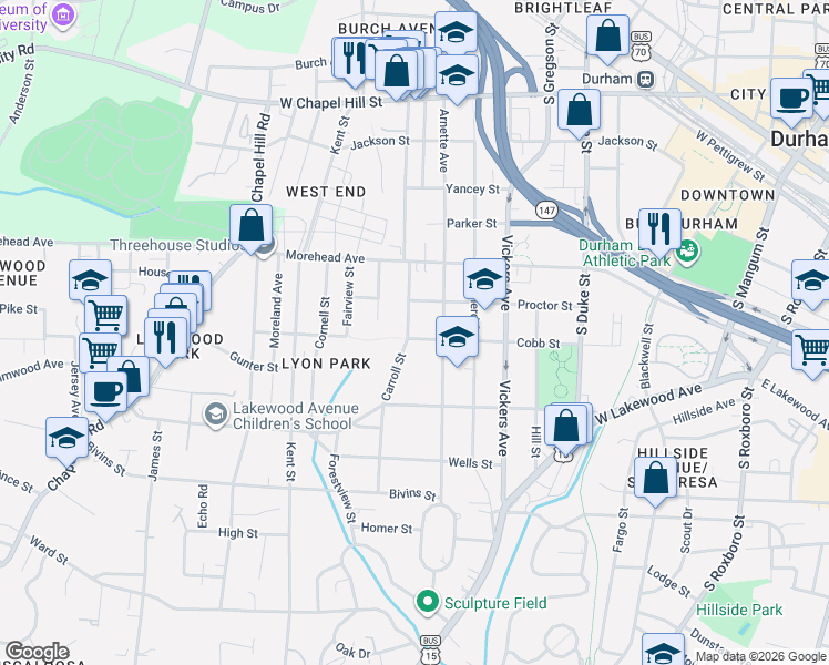 map of restaurants, bars, coffee shops, grocery stores, and more near 1008 Cobb Street in Durham