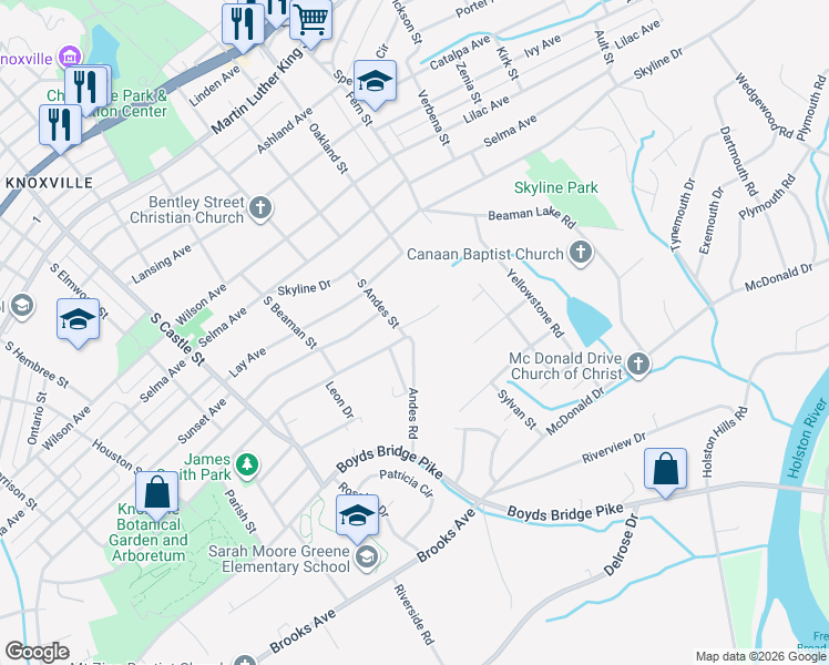 map of restaurants, bars, coffee shops, grocery stores, and more near 1000 South Andes Street in Knoxville