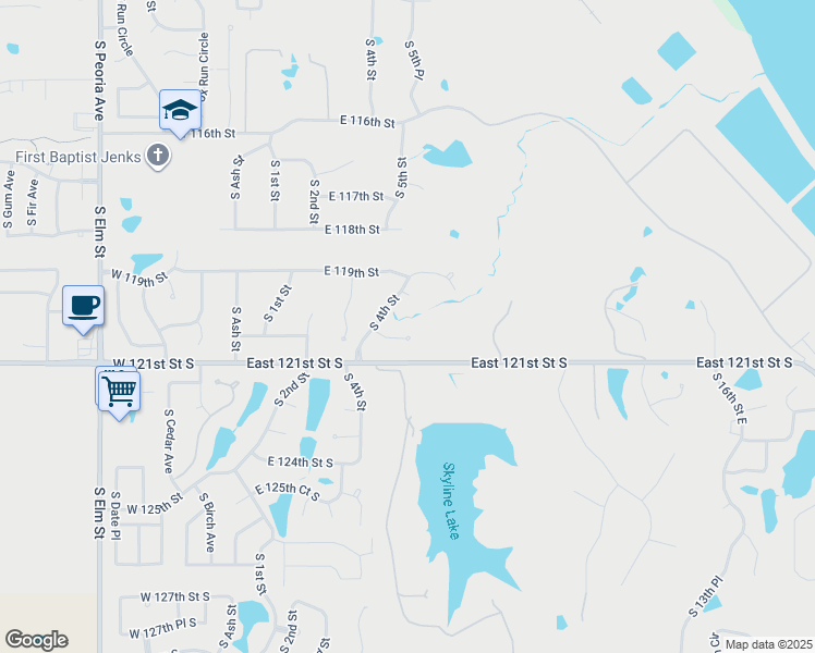 map of restaurants, bars, coffee shops, grocery stores, and more near 509 East 120th Place South in Jenks