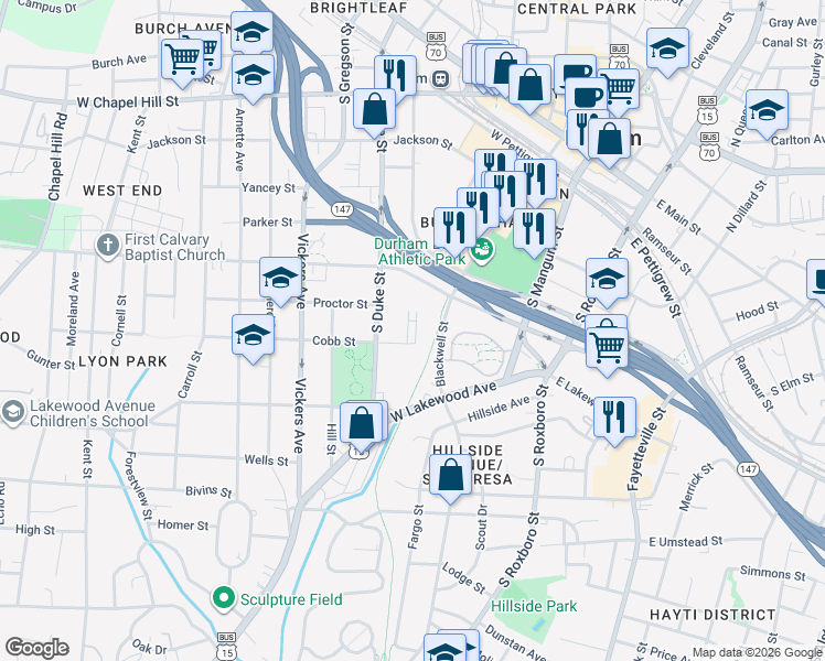 map of restaurants, bars, coffee shops, grocery stores, and more near 749 Willard Street in Durham