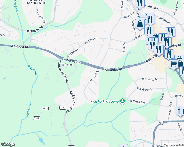 map of restaurants, bars, coffee shops, grocery stores, and more near 2536 Ingleside Drive in High Point