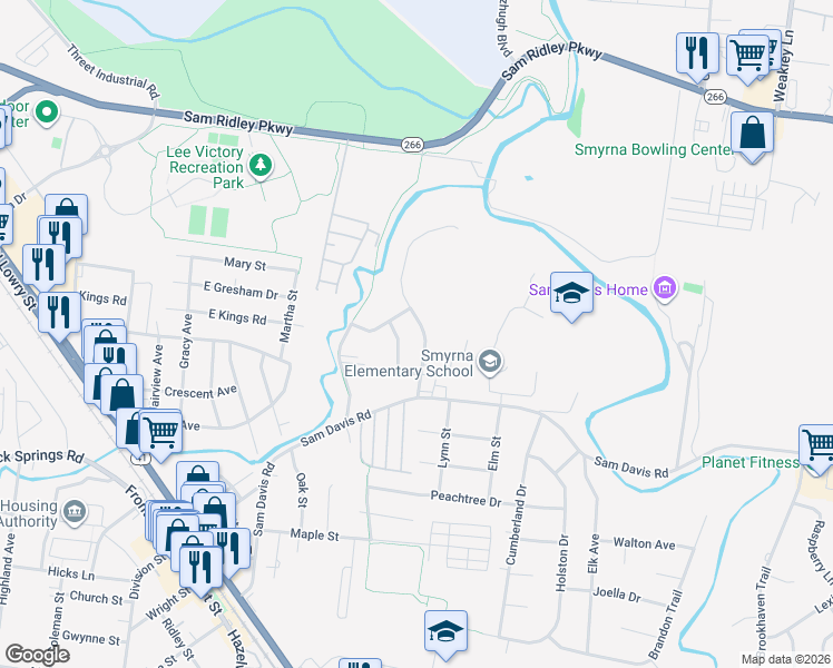 map of restaurants, bars, coffee shops, grocery stores, and more near 113 Sugar Creek Lane in Smyrna