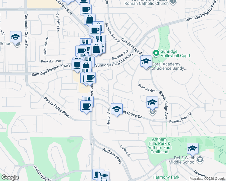 map of restaurants, bars, coffee shops, grocery stores, and more near 2463 Lower Meadows Avenue in Henderson