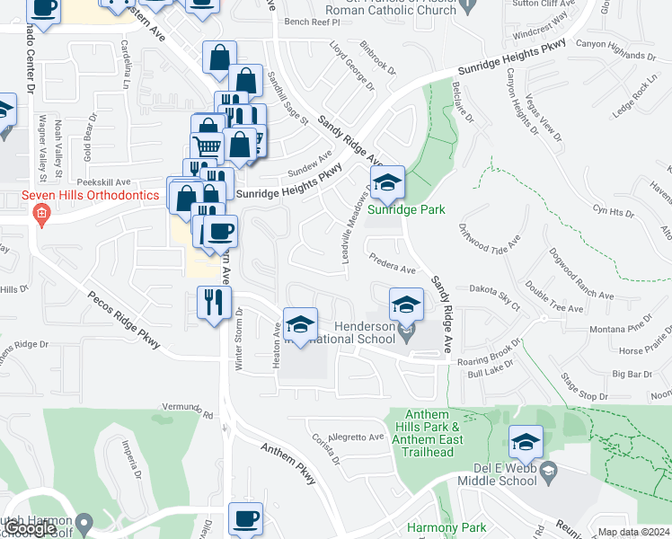 map of restaurants, bars, coffee shops, grocery stores, and more near 2490 Lower Meadows Avenue in Henderson