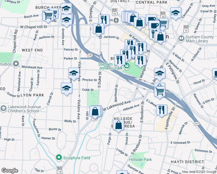 map of restaurants, bars, coffee shops, grocery stores, and more near 749 Willard Street in Durham