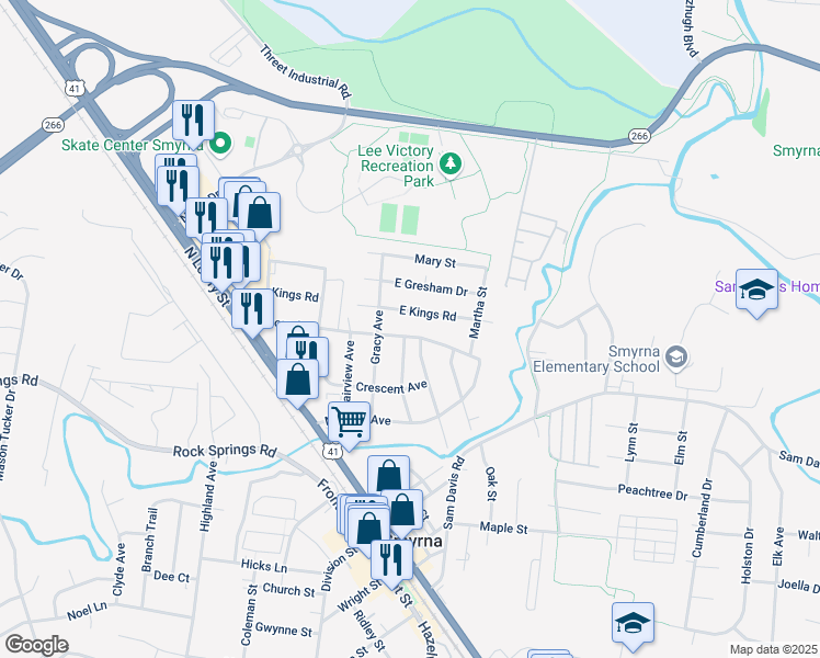 map of restaurants, bars, coffee shops, grocery stores, and more near 509 Moore Avenue in Smyrna
