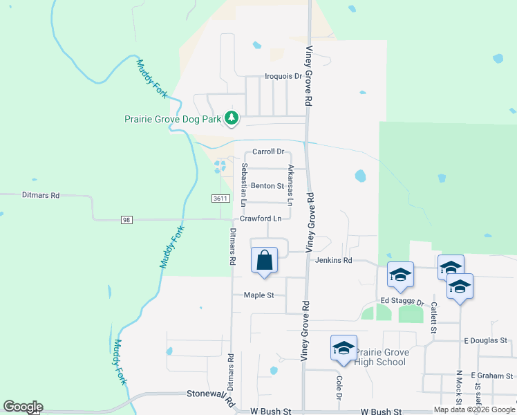 map of restaurants, bars, coffee shops, grocery stores, and more near 821 Madison Drive in Prairie Grove