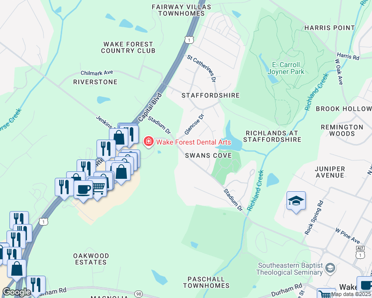 map of restaurants, bars, coffee shops, grocery stores, and more near 881 Drogheda Place in Wake Forest