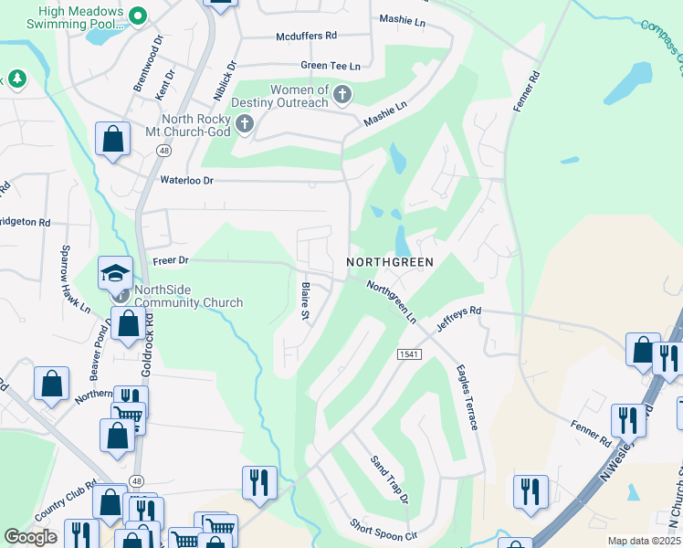map of restaurants, bars, coffee shops, grocery stores, and more near 900 Mashie Lane in Rocky Mount