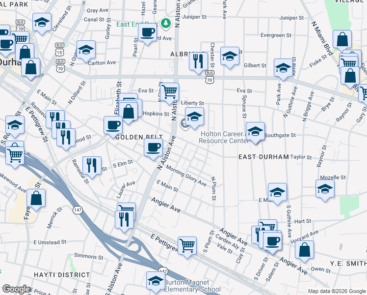 map of restaurants, bars, coffee shops, grocery stores, and more near 308 North Holman Street in Durham