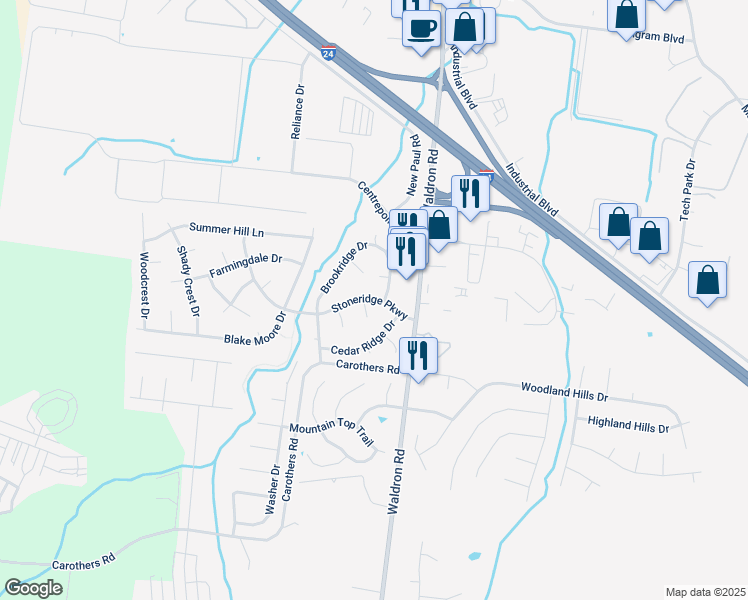 map of restaurants, bars, coffee shops, grocery stores, and more near 110 Stoneridge Parkway in La Vergne