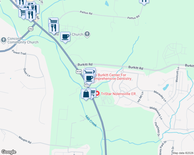 map of restaurants, bars, coffee shops, grocery stores, and more near 303 Kara Lane in Nolensville