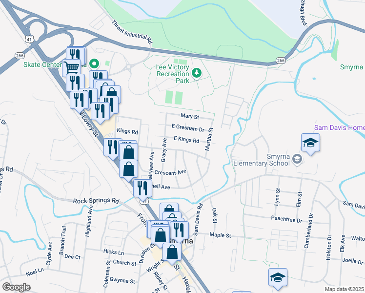 map of restaurants, bars, coffee shops, grocery stores, and more near 509 Moore Avenue in Smyrna