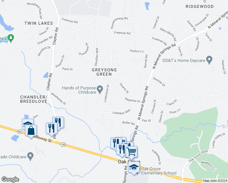 map of restaurants, bars, coffee shops, grocery stores, and more near 9 Slate Court in Durham