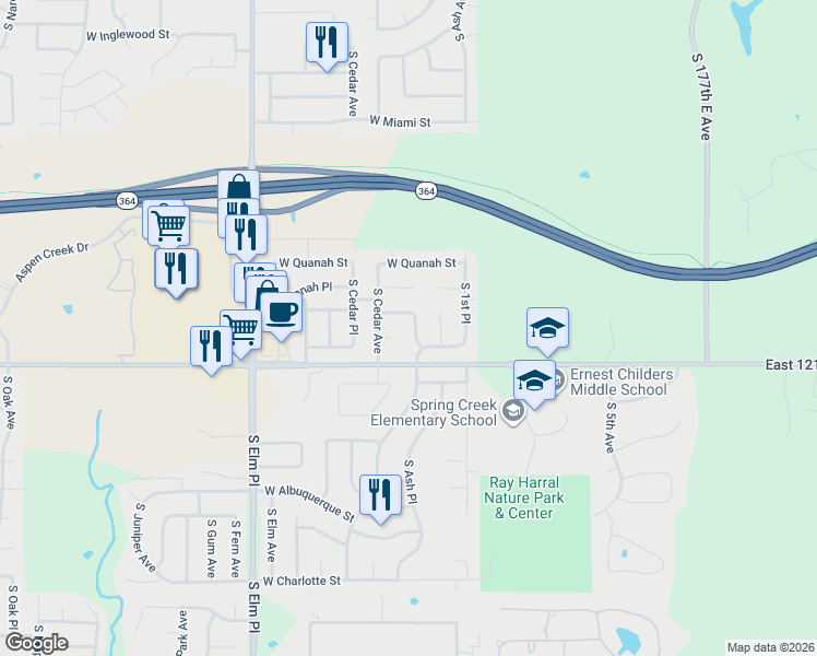map of restaurants, bars, coffee shops, grocery stores, and more near 6304 South Birch Avenue in Broken Arrow