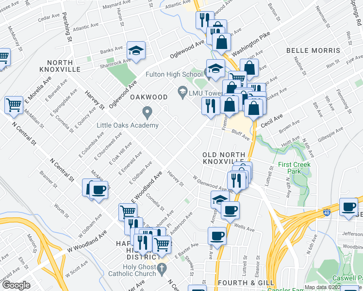 map of restaurants, bars, coffee shops, grocery stores, and more near 727 E Woodland Ave in Knoxville
