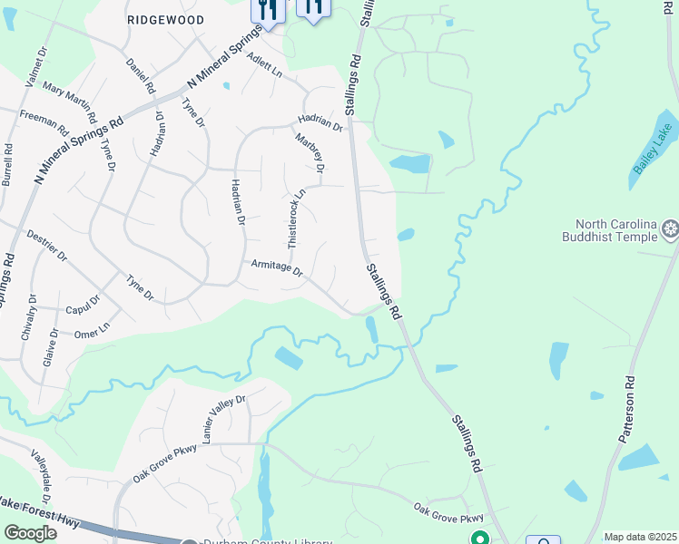 map of restaurants, bars, coffee shops, grocery stores, and more near 10 Redear Place in Durham