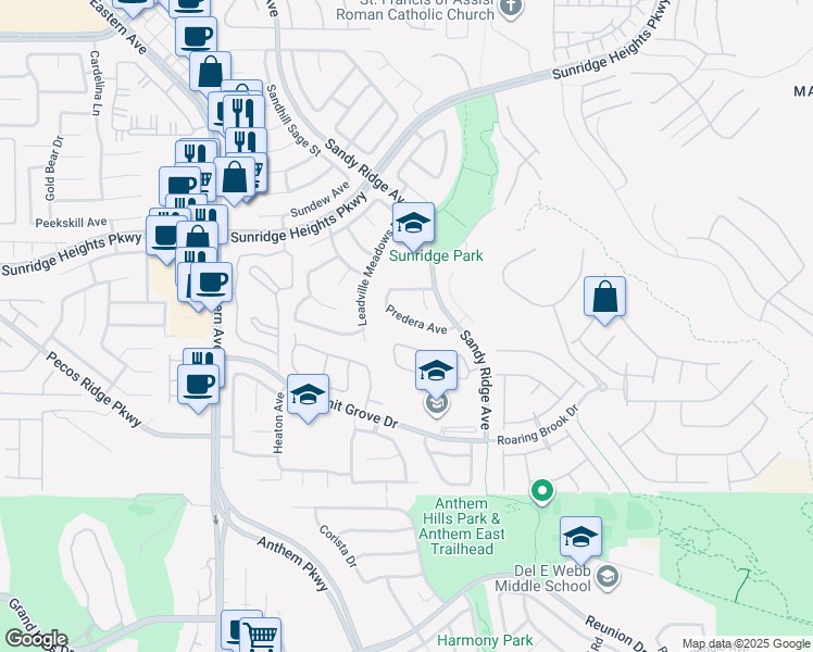 map of restaurants, bars, coffee shops, grocery stores, and more near 2411 Predera Avenue in Henderson