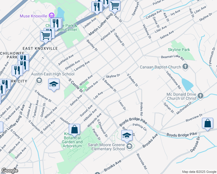 map of restaurants, bars, coffee shops, grocery stores, and more near 637 S Beaman St in Knoxville
