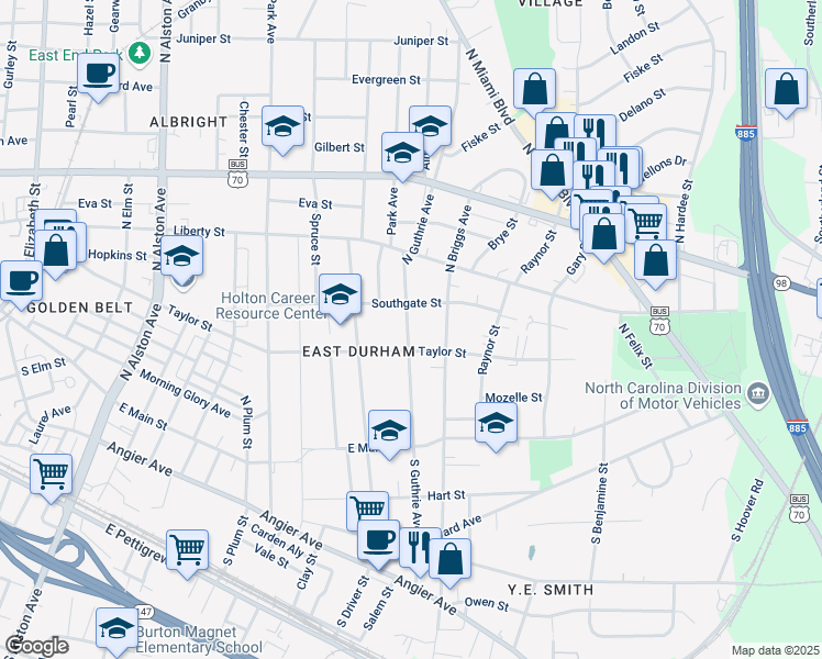 map of restaurants, bars, coffee shops, grocery stores, and more near 410 North Guthrie Avenue in Durham
