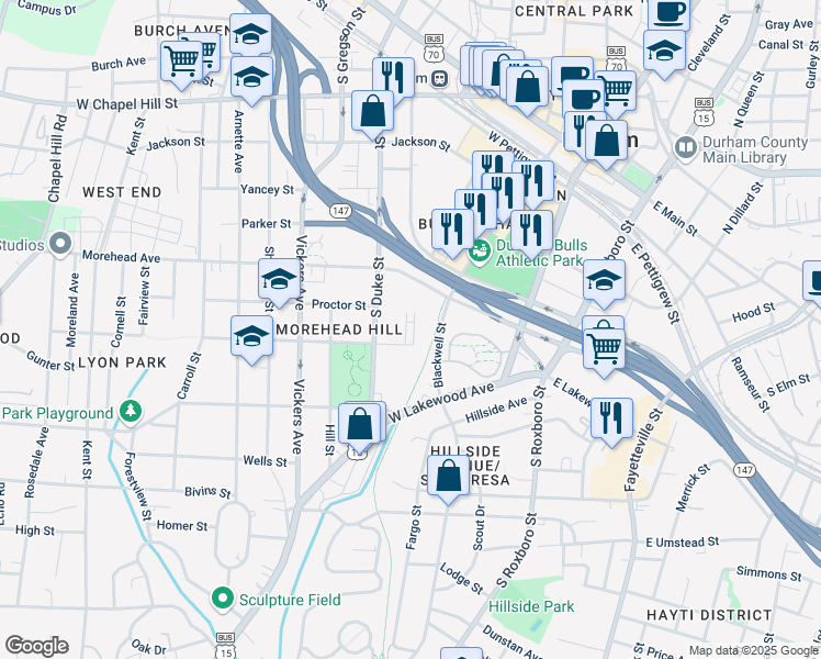 map of restaurants, bars, coffee shops, grocery stores, and more near 747 Willard Street in Durham