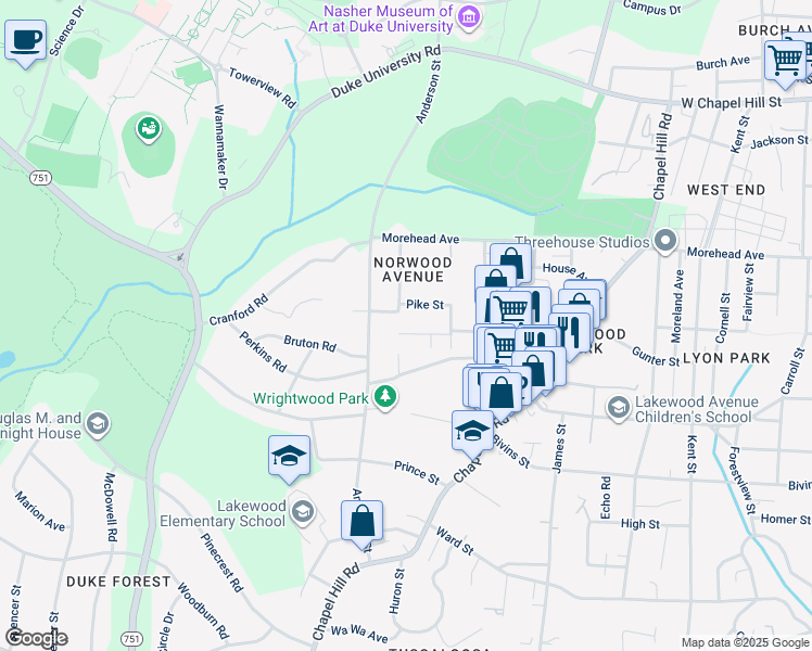 map of restaurants, bars, coffee shops, grocery stores, and more near 2236 Lafayette Street in Durham