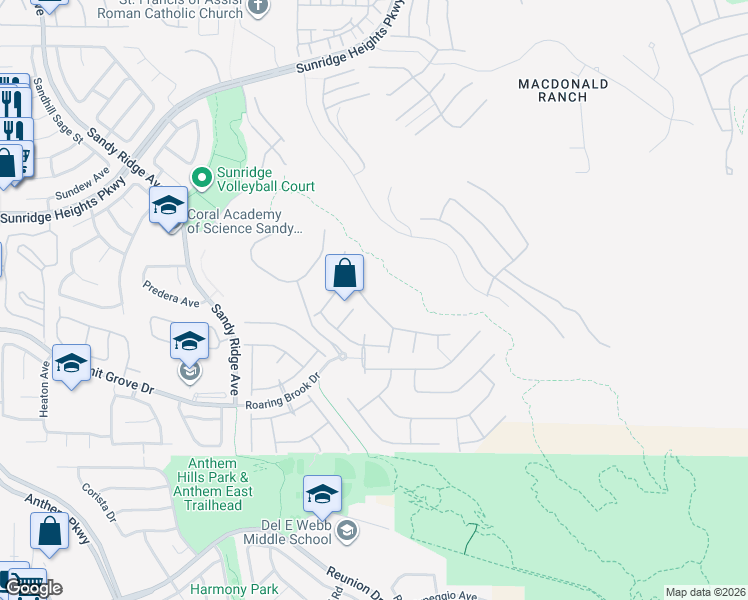 map of restaurants, bars, coffee shops, grocery stores, and more near 2220 Dogwood Ranch Avenue in Henderson