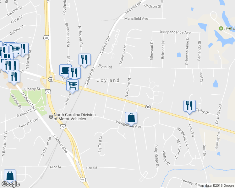 map of restaurants, bars, coffee shops, grocery stores, and more near 2615 Holloway Street in Durham