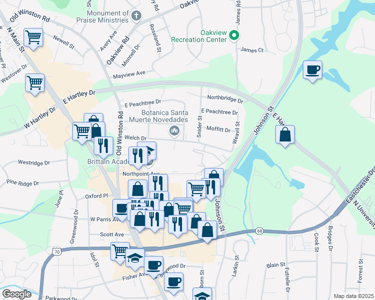 map of restaurants, bars, coffee shops, grocery stores, and more near 304 Welch Dr in High Point
