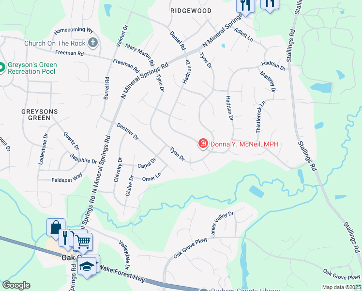 map of restaurants, bars, coffee shops, grocery stores, and more near 105 Whetstone Court in Durham