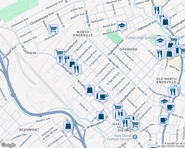 map of restaurants, bars, coffee shops, grocery stores, and more near 220 Oglewood Avenue in Knoxville